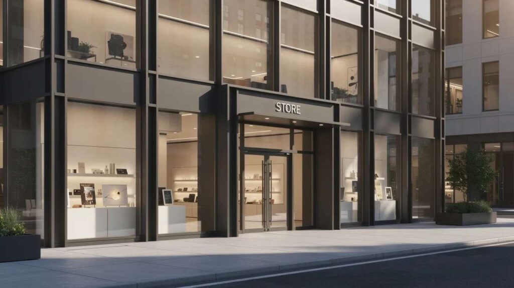 The image depicts a modern retail storefront featuring large security glass windows with steel framing, designed for optimal protection using bullet resistant glass. This storefront not only enhances security against potential threats but also allows for excellent light transmission, creating an inviting atmosphere for customers.