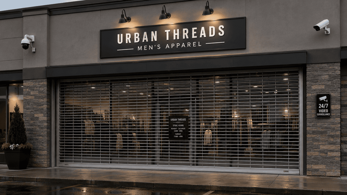 A modern storefront with both security cameras and a rolldown gate.