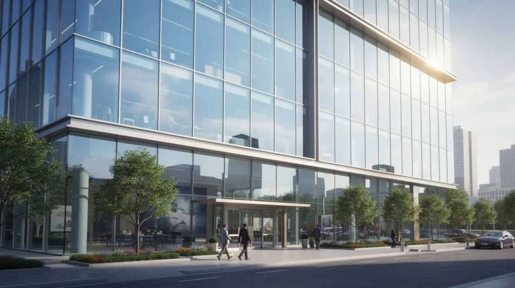 The image depicts a modern commercial building featuring large glass windows that are protected by a security window film, providing an extra layer of protection against forced entry and natural disasters. This virtually invisible film enhances security while allowing natural light to enter, ensuring peace of mind for the property's occupants.