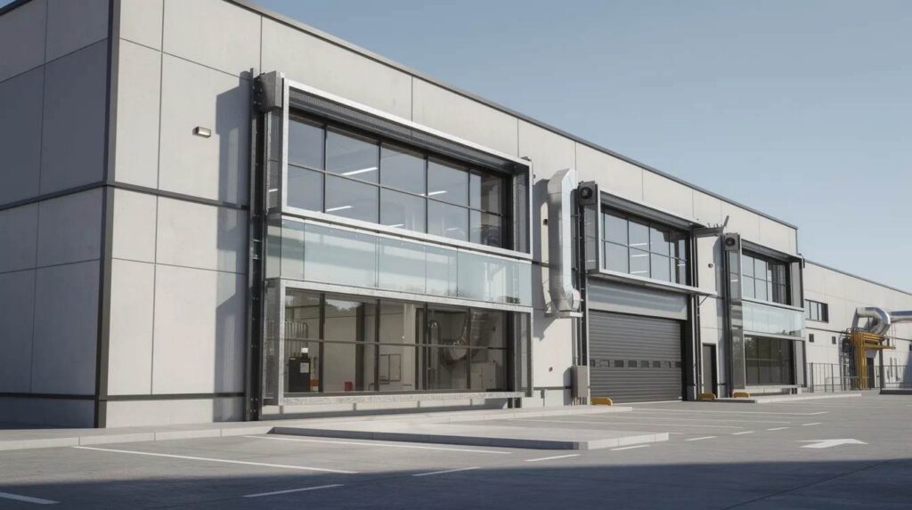 The image depicts a modern industrial facility featuring reinforced protective window systems designed for blast protection, ensuring the safety of building occupants against accidental explosions and flying glass. The structure showcases advanced security solutions that mitigate the risks associated with high hazard levels, emphasizing its robust design and ability to withstand potential threats.