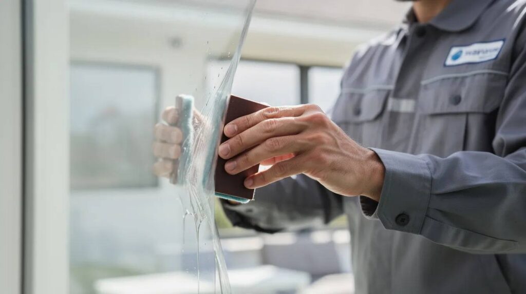 A professional installer is closely applying a clear security window film to the interior surface of an existing window, enhancing safety and protection against potential intruders. This installation serves as a cost-effective solution for school safety, helping to hold broken glass and delay forced entry during critical situations.