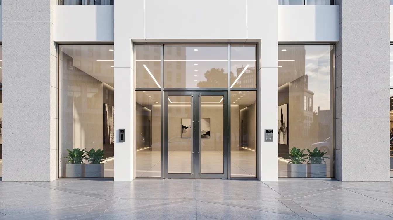 The image depicts a modern commercial building entrance featuring large clear glass doors and expansive windows, designed with an emphasis on aesthetics and security. The use of bullet resistant glass enhances safety, providing protection against potential threats while maintaining an inviting appearance for businesses and retail environments.