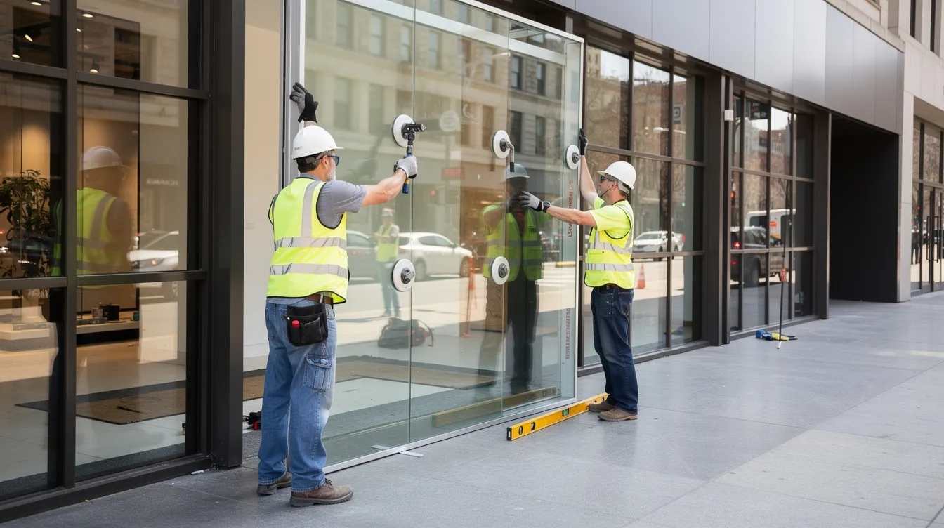 A team of professional workers is seen installing a large glass panel in a commercial storefront, ensuring the use of high-quality bullet-resistant glass for enhanced security. This installation aims to protect the business against potential threats, such as smash and grab theft or armed robbery, while maintaining an appealing aesthetic for the retail environment.