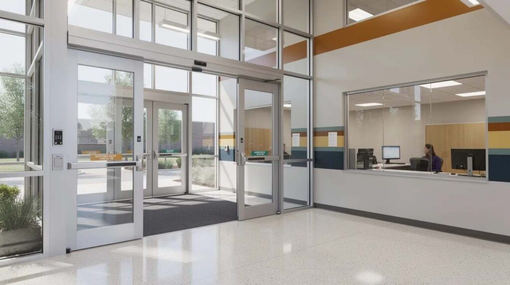 The image depicts a school entrance vestibule featuring bulletproof glass and controlled access, designed to enhance security against forced entry attacks and ballistic threats. The installation showcases a modern configuration with security glazing that provides protection while maintaining visibility.
