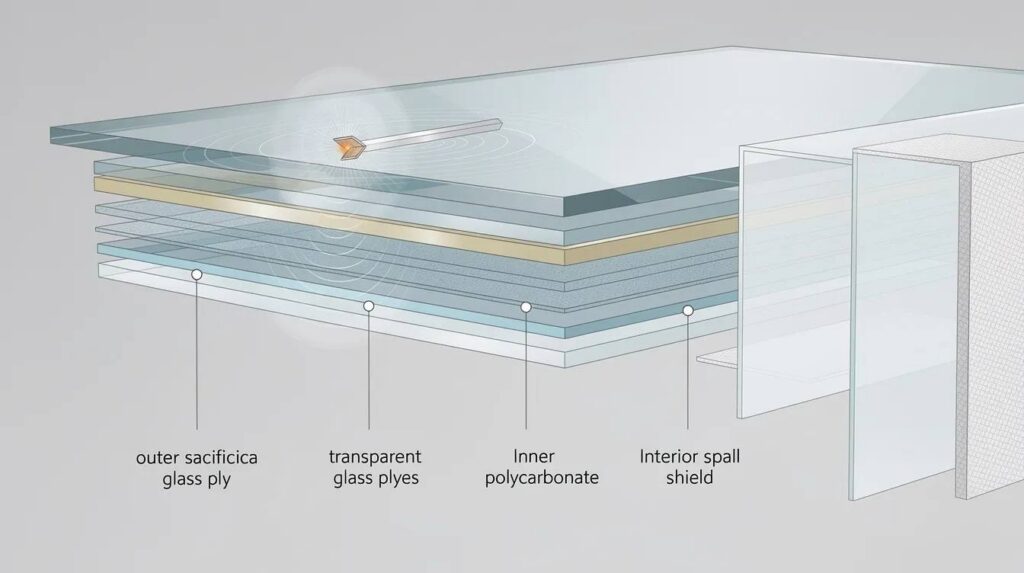 The image depicts a cross-section view of a multi-layered ballistic glass system, showcasing the various layers designed to resist bullets and enhance security. This advanced glass technology, commonly referred to as bulletproof glass, is crucial for preventing forced entry and protecting against ballistic attacks in commercial buildings and schools.