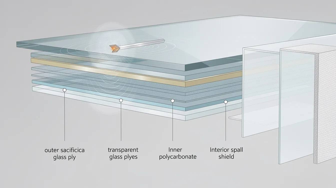 The image depicts a cross-section view of a multi-layered ballistic glass system, showcasing the various layers designed to resist bullets and enhance security. This advanced glass technology, commonly referred to as bulletproof glass, is crucial for preventing forced entry and protecting against ballistic attacks in commercial buildings and schools.