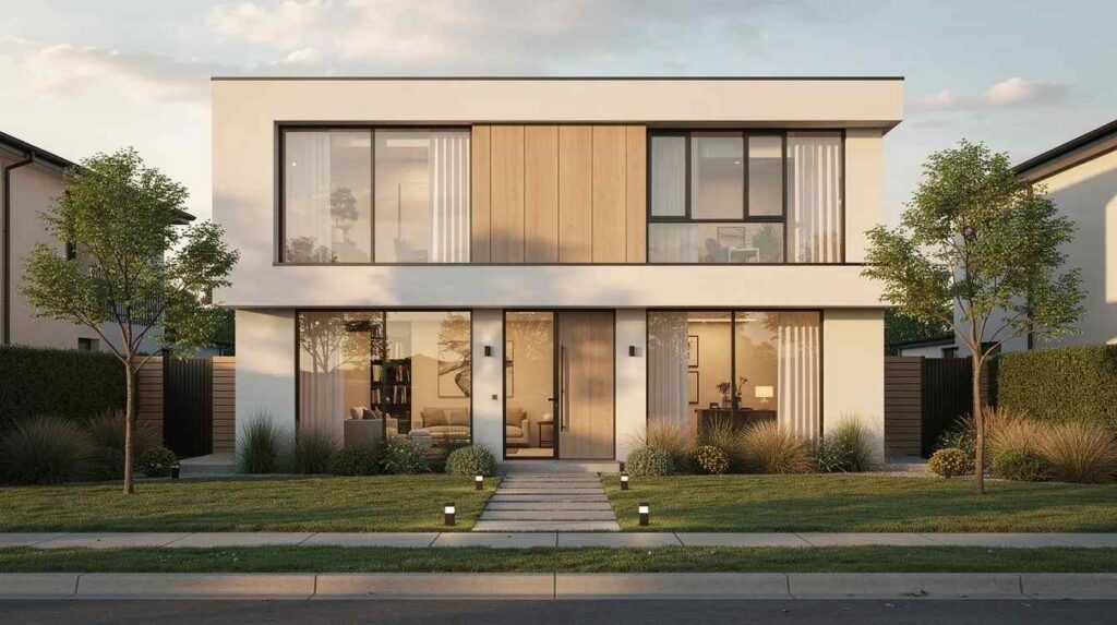 The image depicts a modern residential home featuring large street-facing windows that enhance its aesthetic appeal, surrounded by well-maintained landscaping. This design could incorporate bullet resistant windows for added security, providing reliable protection against ballistic threats while maintaining a stylish appearance.