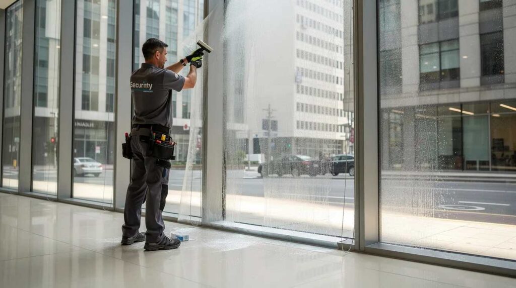 A professional installer is applying security window film to a commercial building window, enhancing its protection against forced entry and ballistic attacks. This installation of window film aims to delay intruders and safeguard the building occupants from potential threats.