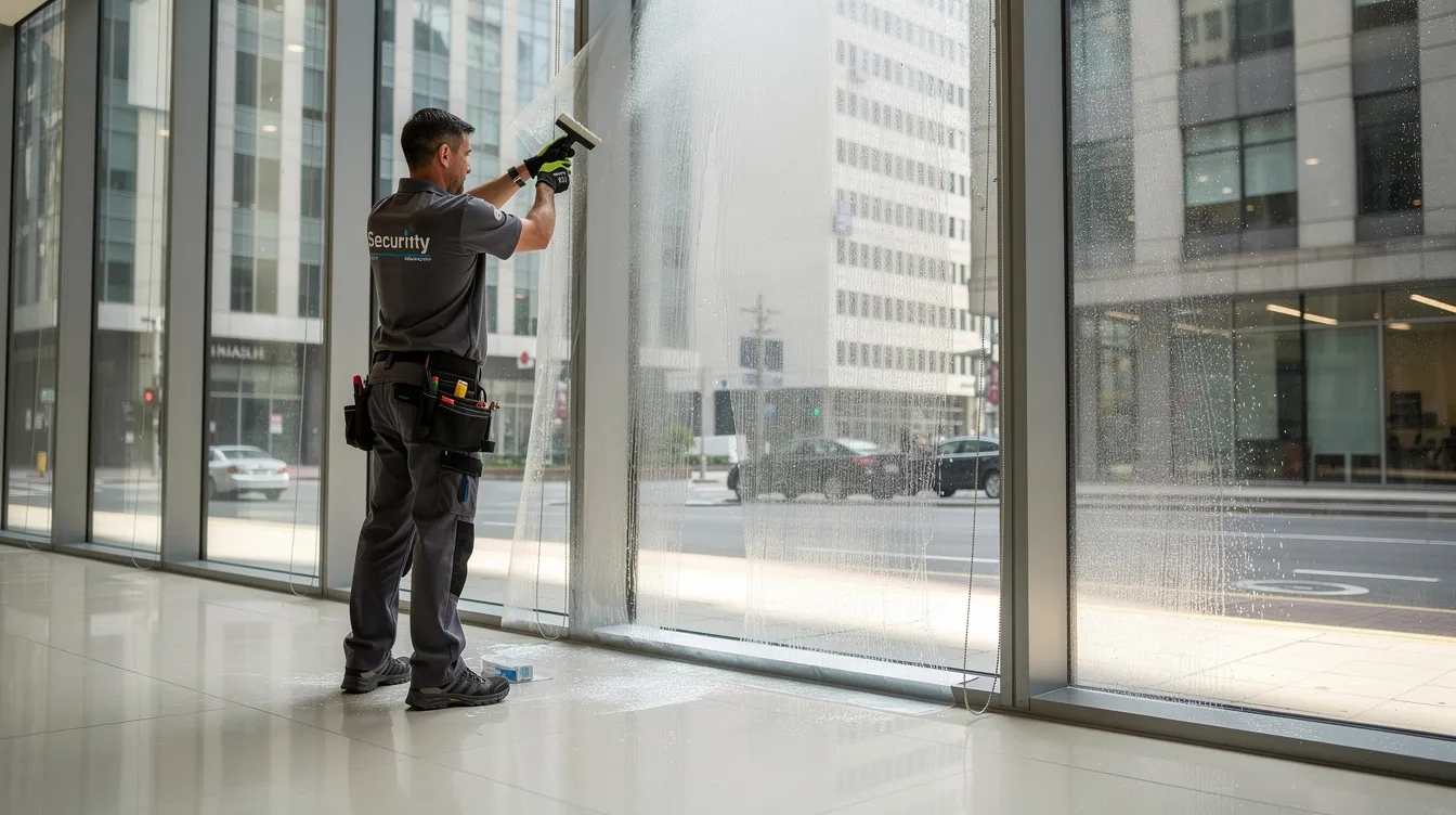 A professional installer is applying security window film to a commercial building window, enhancing its protection against forced entry and ballistic attacks. This installation of window film aims to delay intruders and safeguard the building occupants from potential threats.