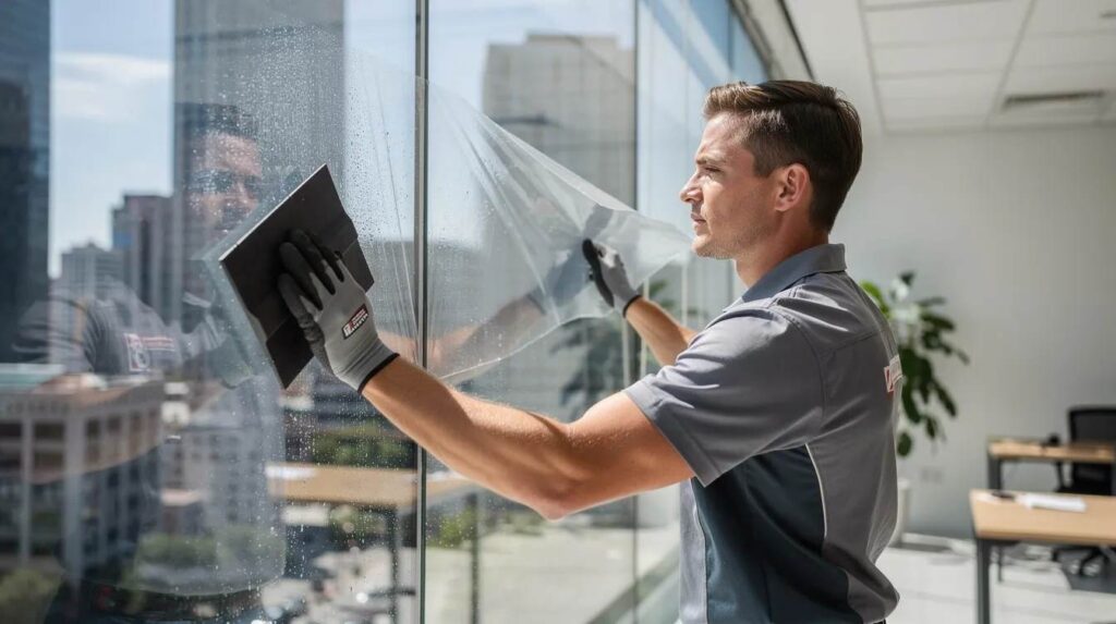 A security professional is applying a layer of security window film to a large commercial window, enhancing its protection against forced entry and ballistic attacks. This installation aims to delay entry and prevent shattered glass in case of an attack, ensuring safety for the building's occupants.