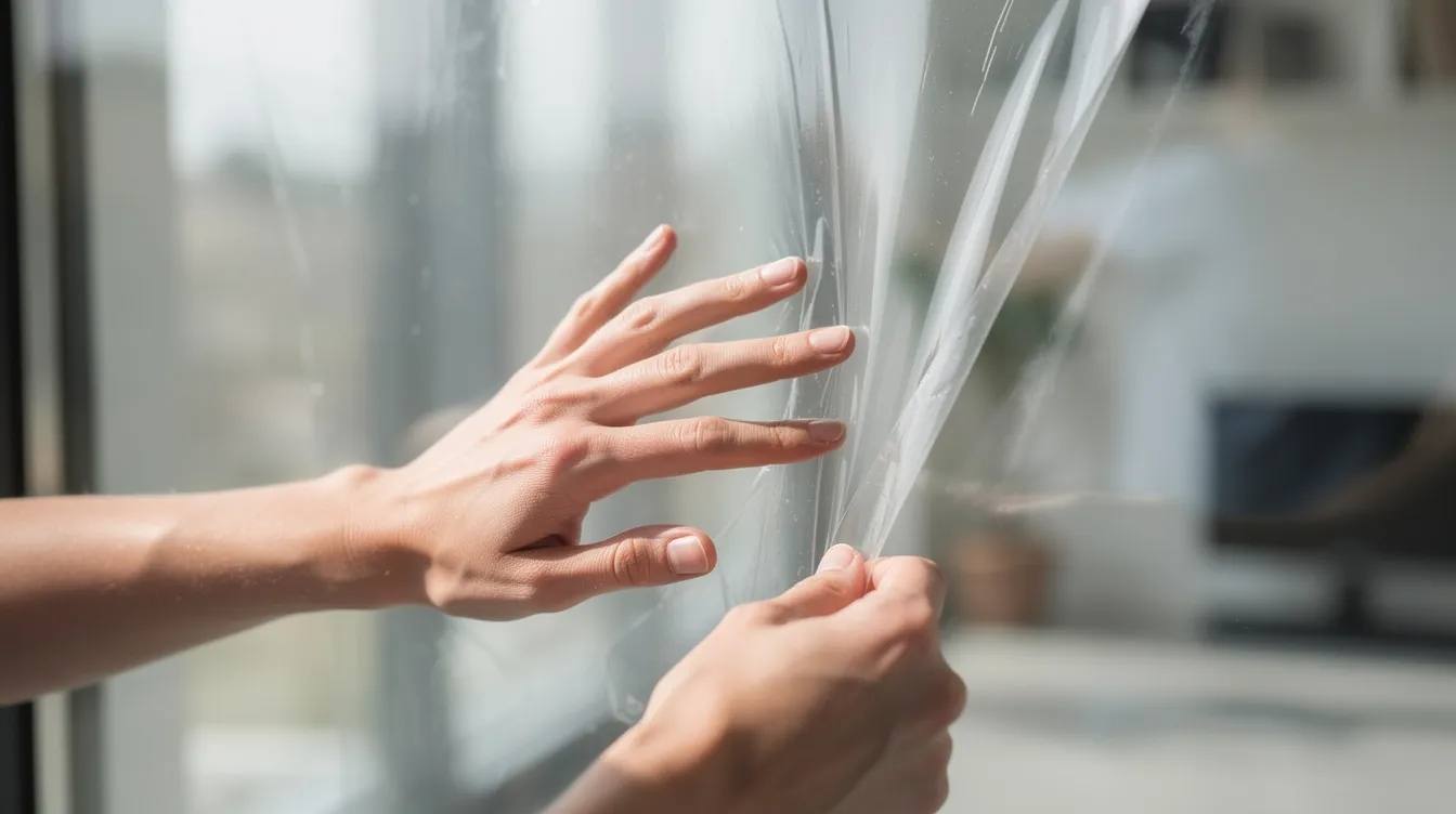 A close-up image shows hands carefully applying clear security film to a large glass window, highlighting the installation process of this protective layer designed to enhance safety and delay forced entry. The film, often referred to as bulletproof glass or ballistic window film, offers an extra layer of security for glass windows in high traffic areas and school settings.