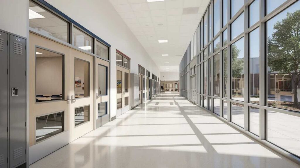The image depicts a school hallway featuring classroom door windows and exterior glass, emphasizing the importance of security measures such as security window film to enhance safety and delay forced entry. The glass doors and windows represent existing glass that can be fortified with bullet resistant glazing to protect students and staff from potential threats.