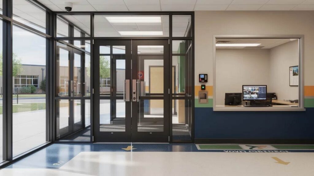 The image depicts a school security vestibule featuring a controlled entry point designed to enhance safety. The area is fortified with security window film and bulletproof glass, providing an additional layer of protection against unauthorized entry and potential ballistic threats.