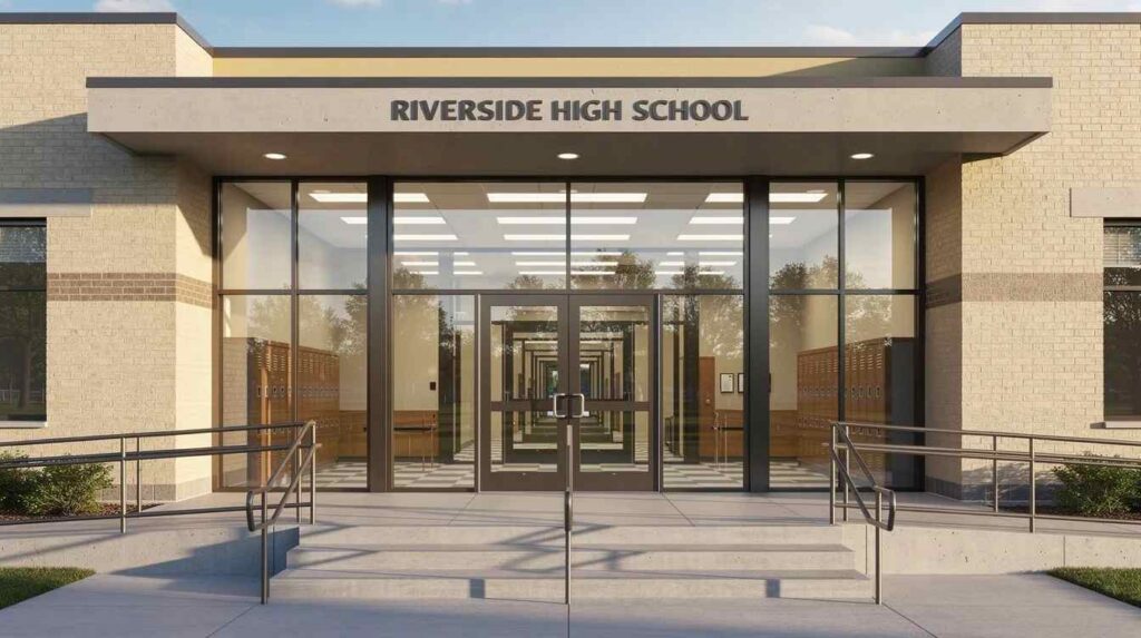 The image depicts a school entrance featuring glass double doors and sidelite windows, designed to enhance safety and security. This setup can benefit from security window film, which helps hold broken glass in place and delay forced entry, providing an additional layer of protection for school administrators and building occupants.