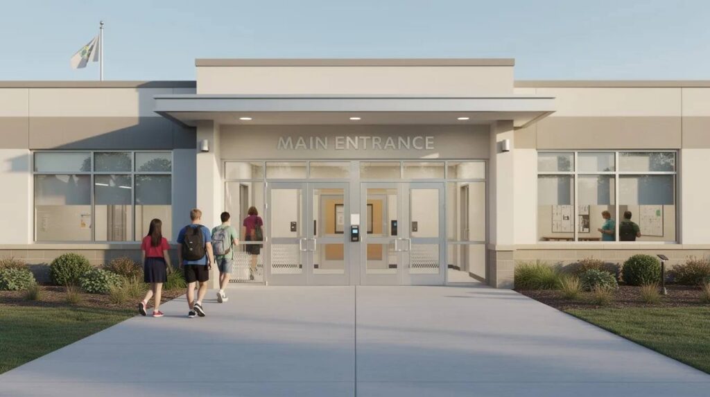 The image depicts a modern school entrance featuring reinforced glass doors and a security vestibule designed to enhance school safety. The use of bulletproof glass and security window film provides an extra layer of protection against forced entry and ballistic threats, ensuring a secure environment for students and staff.