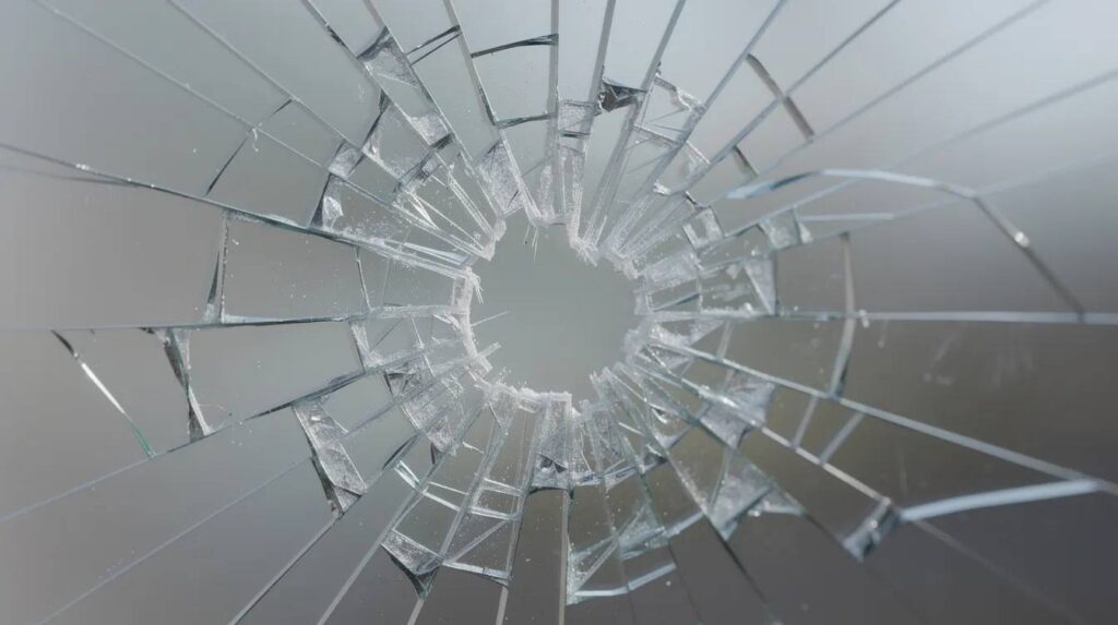The image shows a close-up view of cracked glass, with protective security window film applied to hold the shattered pieces together, demonstrating how this film can delay forced entry and provide ballistic protection. The film's thickness is evident as it maintains the integrity of the broken shards, showcasing its effectiveness in protecting building occupants and property.