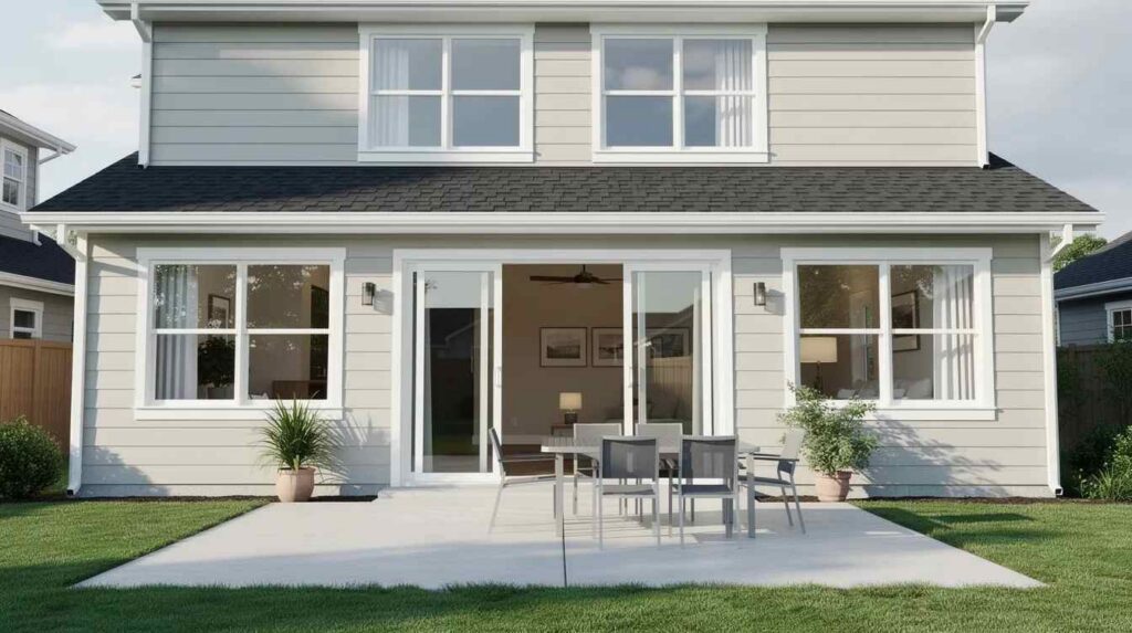 The image depicts a two-story suburban home showcasing its ground-floor windows and a sliding patio door, highlighting the potential for enhanced security with options like bullet-resistant glass and security window film for added protection against forced entry. The exterior design reflects a typical neighborhood setting, emphasizing safety and comfort for residents.