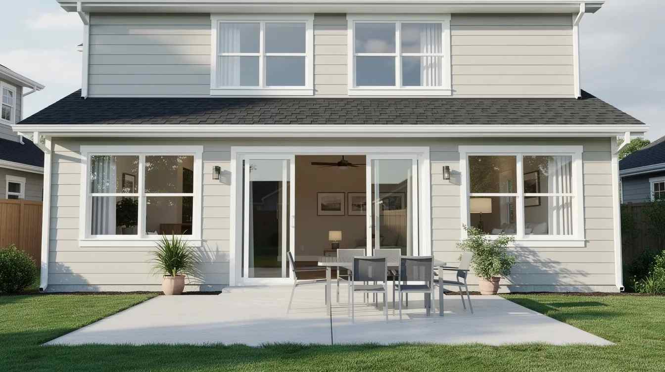 The image depicts a two-story suburban home showcasing its ground-floor windows and a sliding patio door, highlighting the potential for enhanced security with options like bullet-resistant glass and security window film for added protection against forced entry. The exterior design reflects a typical neighborhood setting, emphasizing safety and comfort for residents.