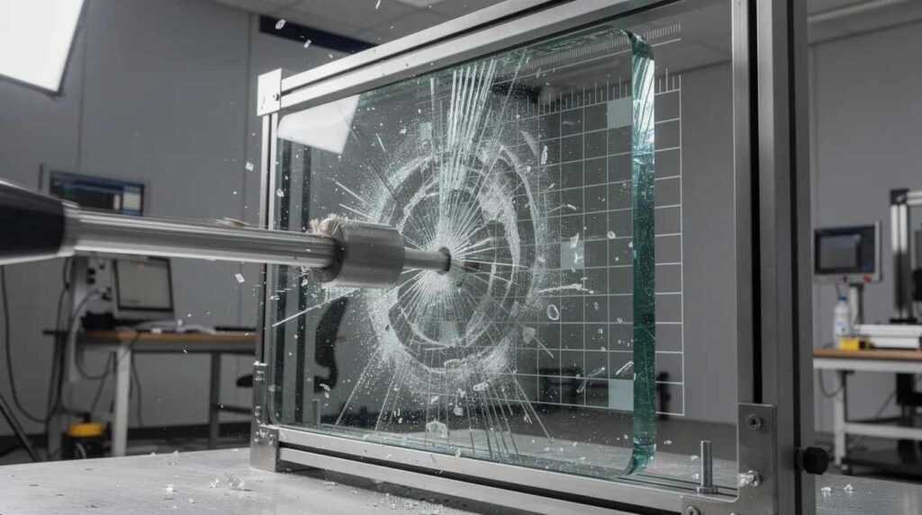 The image depicts a polycarbonate glazing panel undergoing impact testing to demonstrate its high impact resistance and durability. This testing showcases the panel's effectiveness as a security glazing solution, providing maximum protection against forced entry attempts and other threats.