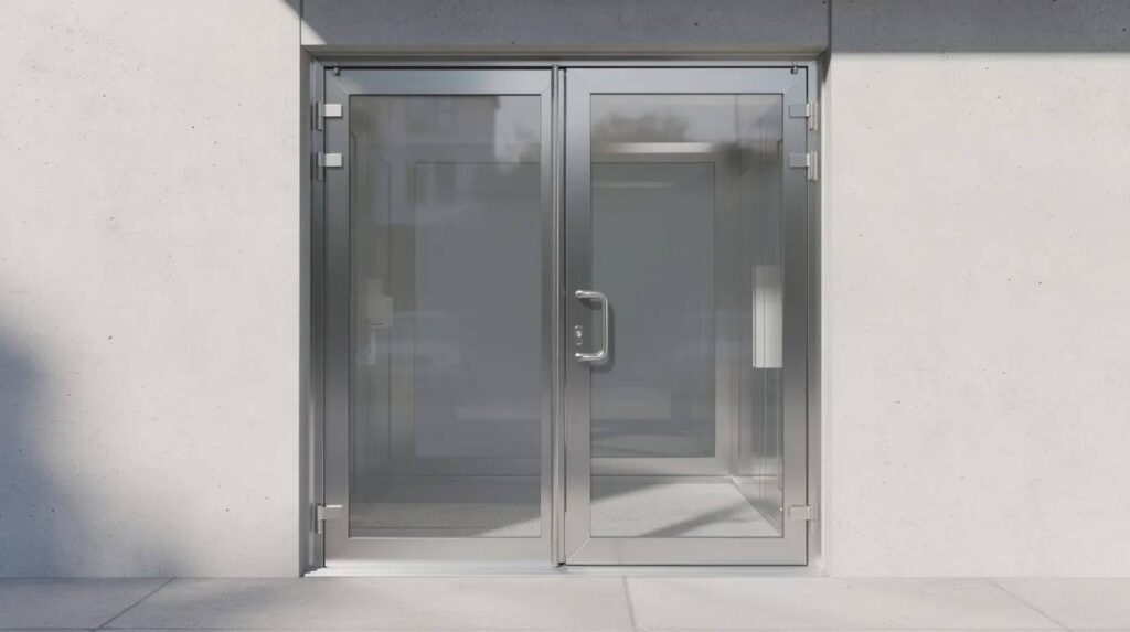The image shows a clear protective glass panel installed on a building entrance door, designed to enhance physical security and provide ballistic protection against potential threats. This installation is part of active shooter prevention measures, aimed at safeguarding lives in emergency situations.