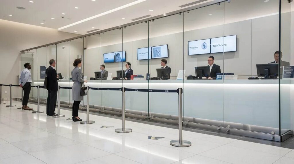 The image depicts a modern bank interior featuring a teller line separated by clear ballistic glass partitions, designed to provide bulletproof protection against potential threats. This security feature enhances safety for both customers and employees while maintaining a sleek and professional appearance.