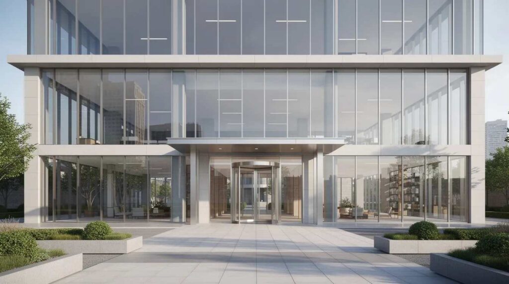 The image depicts a modern commercial building featuring a sleek exterior with large glass windows and a prominent entrance, emphasizing security measures such as bullet resistant windows and framing systems. This design not only enhances the building's appearance but also provides reliable protection against ballistic threats.