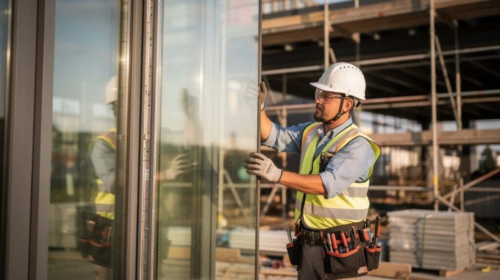 A professional installer is carefully positioning a large glass panel into a window frame, ensuring precise alignment for optimal functionality and security. This installation showcases the use of bulletproof glass, emphasizing reliable protection against ballistic threats for enhanced safety in various settings, including government buildings and secure facilities.
