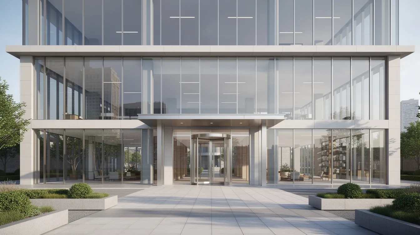 The image depicts a modern commercial building featuring a sleek exterior with large glass windows and a prominent entrance, emphasizing security measures such as bullet resistant windows and framing systems. This design not only enhances the building's appearance but also provides reliable protection against ballistic threats.