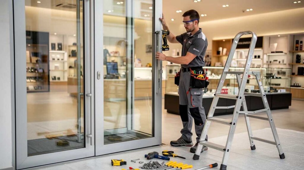 A professional installer is seen working on a commercial glass door frame in a retail environment, focusing on the installation of bullet-resistant glass to enhance safety and provide effective protection against potential threats. The image captures the meticulous process of ensuring that the laminated glass layers fit securely within the frame, emphasizing the importance of security measures in high traffic areas.