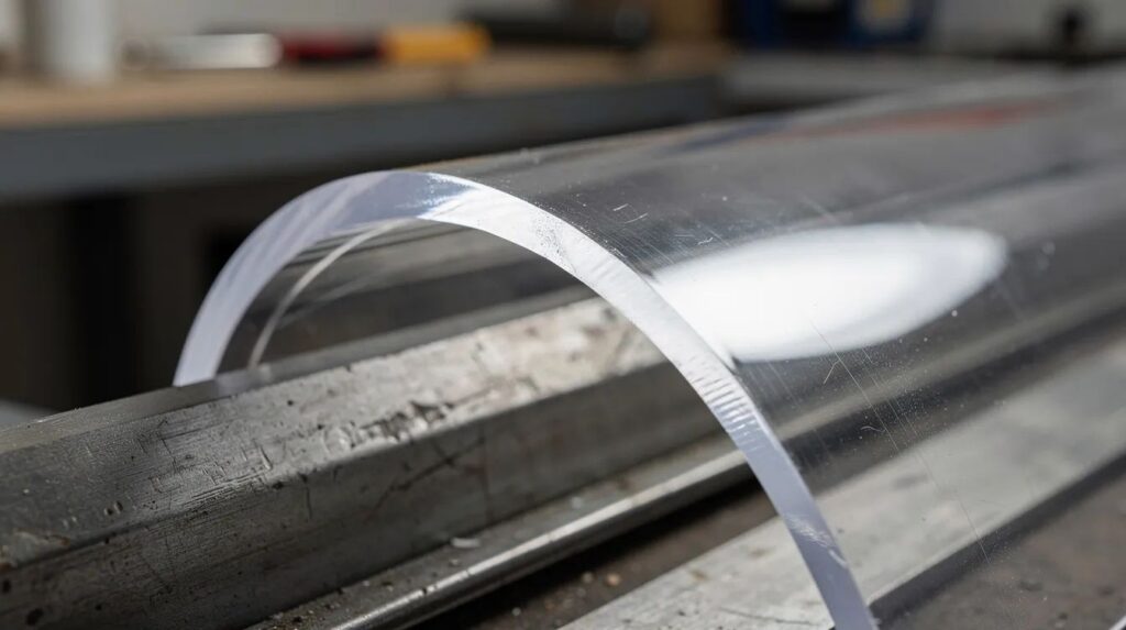 A close-up view shows a clear polycarbonate sheet being skillfully bent into a curved shape, highlighting its superior impact strength and flexibility compared to traditional glass. This demonstration emphasizes the durability and performance benefits of polycarbonate windows for various applications.