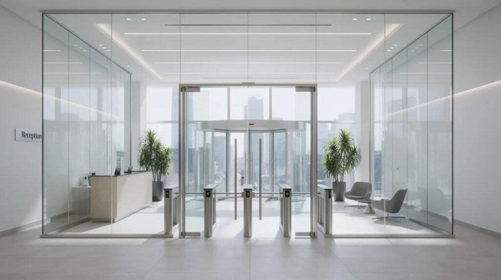 The image depicts the entrance of a modern office building featuring a glass security vestibule, designed with bulletproof glass windows to enhance safety and provide protection against potential threats. Natural light floods the area, highlighting the sleek architecture and advanced security measures in place.