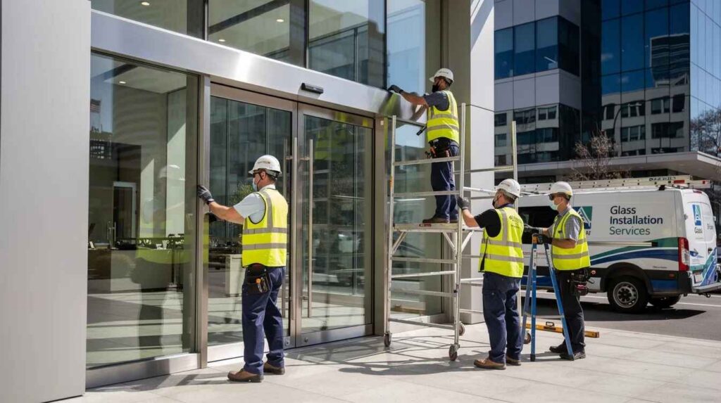 A commercial glass installation team is seen working on the entrance of a modern building, carefully fitting bullet-resistant glass windows designed to enhance safety and provide effective protection against potential threats. The installation features multiple layers of laminated glass, ensuring both optical clarity and ballistic performance in high traffic areas.
