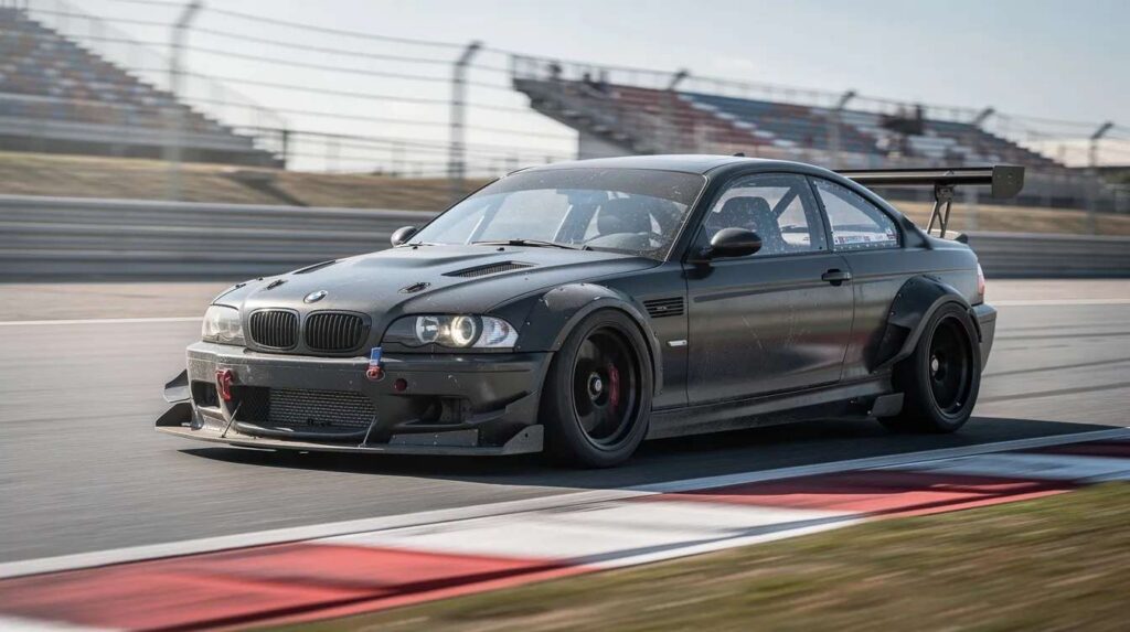 A sleek BMW track car, equipped with polycarbonate windows for superior impact resistance and reduced weight, speeds around a racing circuit. The vehicle showcases its modified design, emphasizing performance and safety while demonstrating the benefits of polycarbonate window kits.
