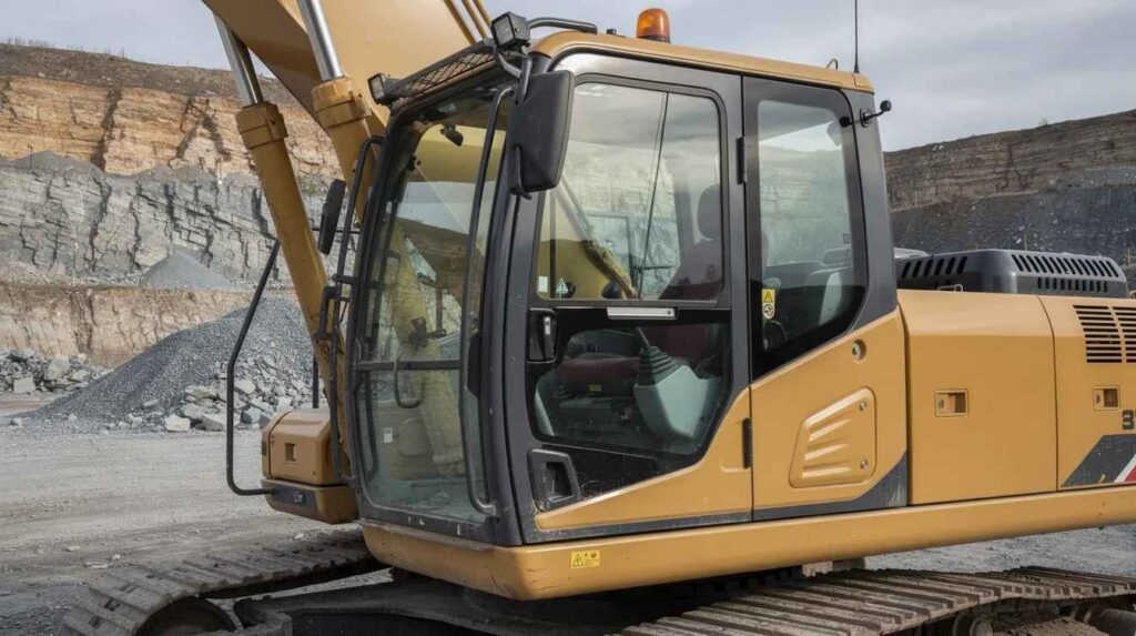 The image depicts an excavator cab equipped with clear polycarbonate windows, showcasing their superior impact strength and durability in a quarry setting. The transparent poly windows provide excellent visibility and safety for the operator while working in rugged outdoor elements.