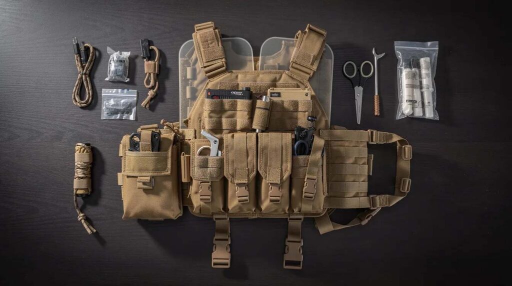 The image features a tactical plate carrier equipped with ballistic plates and medical pouches, neatly arranged on a table, showcasing essential active shooter protection gear designed for first responders and individuals engaged in emergency situations. This setup emphasizes the importance of ballistic protection and preparedness in enhancing safety during potential threats.