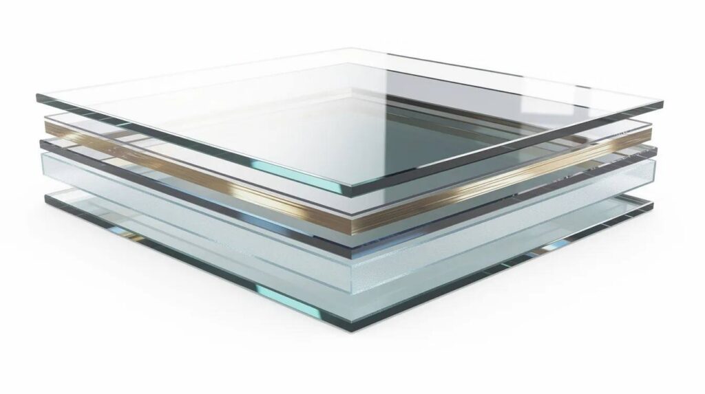 The image depicts a cross-section view of layered transparent security glass, showcasing multiple laminated glass layers bonded together for enhanced security. This bullet resistant glass is designed to provide superior protection against ballistic threats, effectively stopping bullets and projectiles while maintaining transparency.