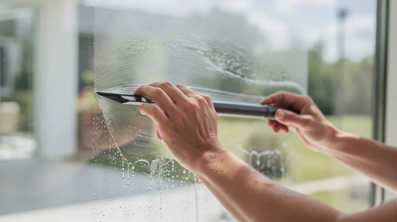 Two hands are using a squeegee to carefully apply a transparent security window film onto a large glass window surface, ensuring a smooth finish while minimizing air bubbles. This protective window film enhances safety by holding shattered glass in place, reducing the risk of injury from broken glass shards.