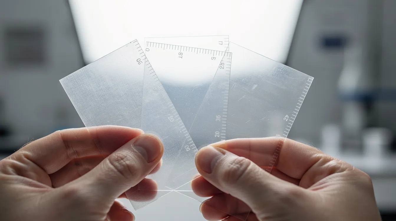 The image shows a close-up of hands holding various samples of transparent film, each differing in thickness, illuminated by light. These samples represent different types of protective window film, such as security window film and shatterproof window film, highlighting their potential for enhancing safety and security for glass windows and doors.