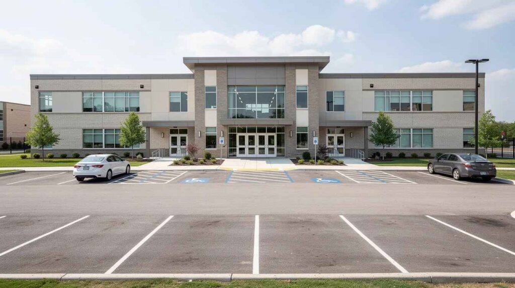 The image depicts the exterior of a school building featuring multiple entry points and a spacious parking area, emphasizing the importance of school safety solutions in protecting students and educators. This design supports effective emergency response and preparedness for various situations within the school community.