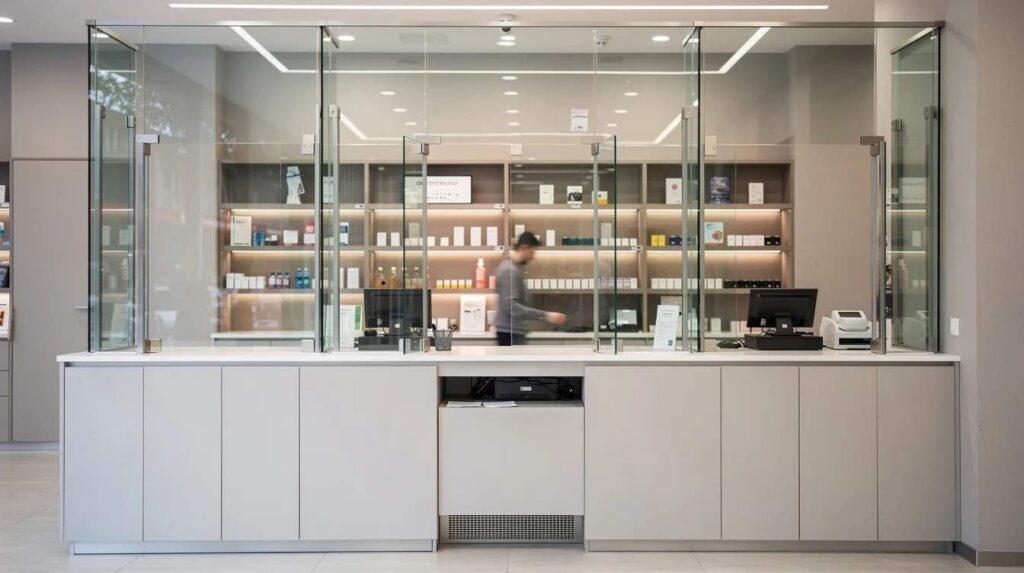 The image depicts a commercial storefront featuring thick transparent bulletproof glass panels installed at the counter area, providing maximum protection against ballistic threats. This security measure enhances safety in small retail settings by acting as a physical barrier while maintaining optical clarity for customer interactions.