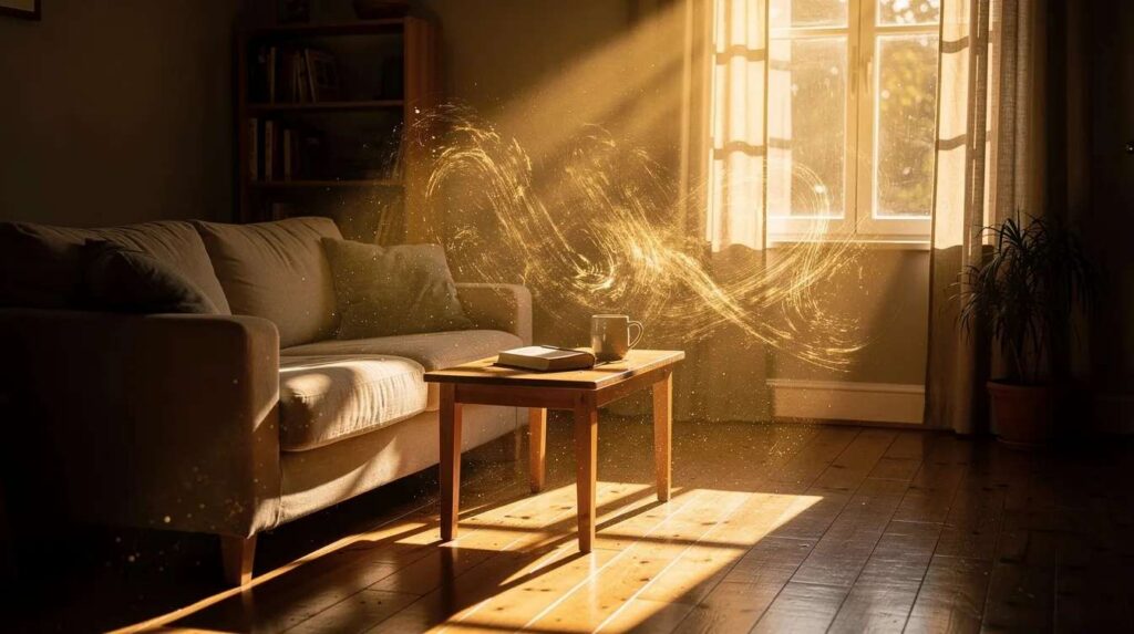The image depicts sunlight streaming through a window in a living room, with visible heat waves shimmering in the air, illustrating the effects of the sun's energy and the importance of heat control window film for maintaining indoor comfort and energy efficiency. The warm light enhances the space while highlighting the need for effective solutions to reduce glare and excessive heat during the summer months.