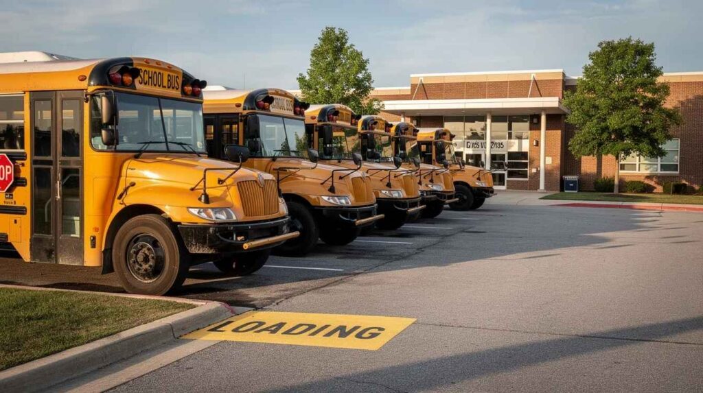 The image shows a row of yellow school buses parked in a loading zone, ready to transport students safely to and from school. These buses are essential for ensuring the safety of students and supporting school safety solutions within the community.