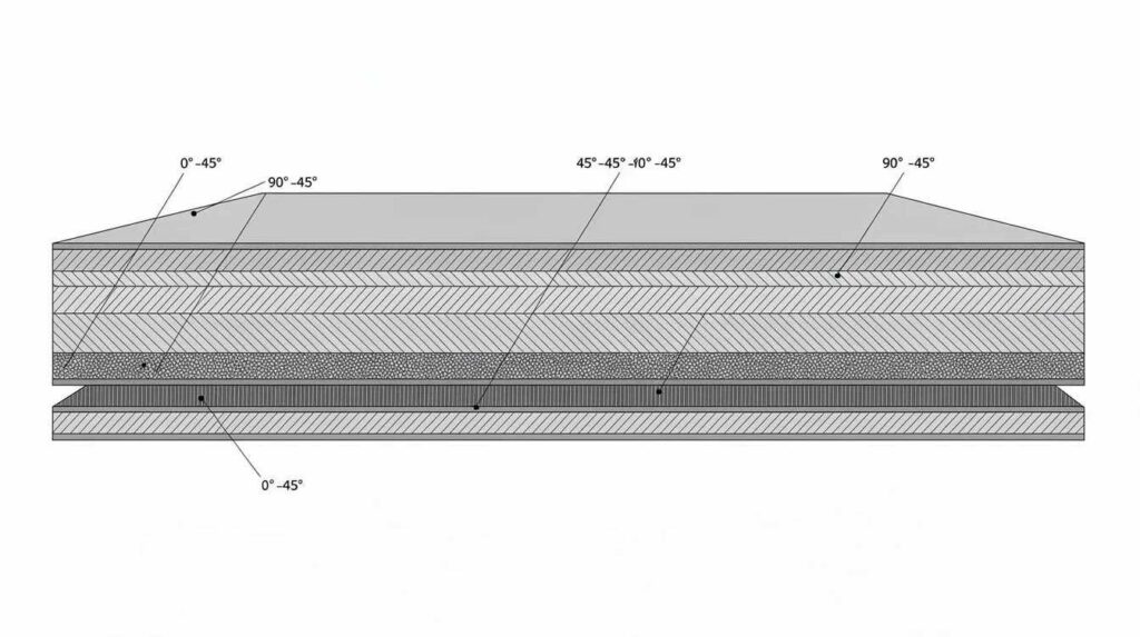 The image shows a cross-section view of a layered composite panel material, highlighting multiple fiber plies that make up bullet resistant fiberglass panels. This detailed structure illustrates the various layers designed for ballistic protection, showcasing the advanced materials used for enhanced safety in high-risk areas.