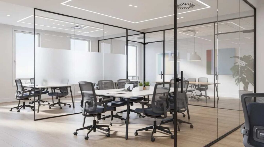 The image depicts a bright modern office interior featuring floor-to-ceiling glass partition walls that enhance natural light and create an open atmosphere. The design incorporates a curtain wall system, showcasing sleek glass elements that contribute to energy efficiency and visual comfort for the occupants.