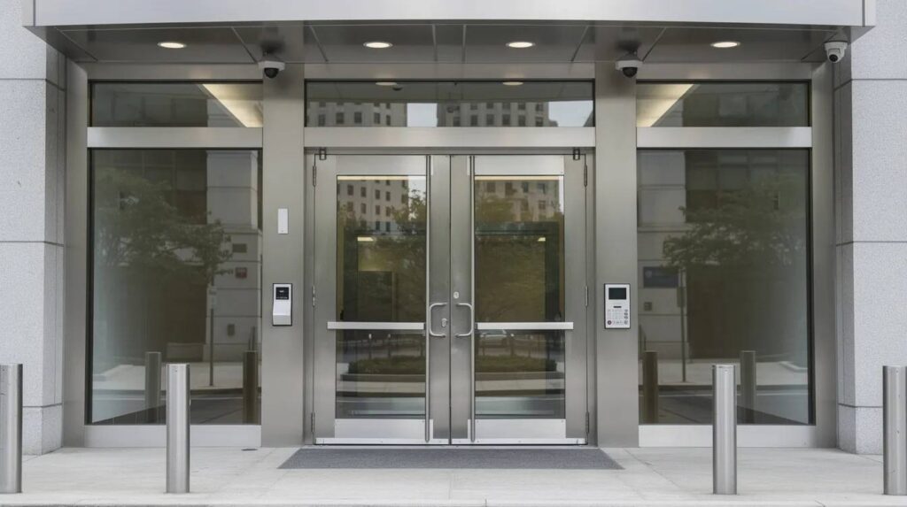 The image depicts the entrance of a secure government building featuring heavy-duty glass panels with reinforced metal framing, designed to provide maximum protection against ballistic threats. The use of bulletproof glass and bullet resistant windows enhances safety while ensuring structural integrity in high threat environments.