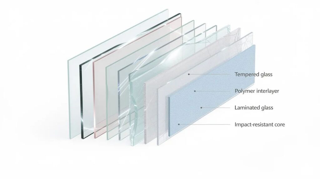The image depicts a cross-section view of multiple protective layers of bullet resistant glass materials, showcasing the layered construction that enhances safety against ballistic threats. Each layer, including laminated glass and polycarbonate, is designed to provide reliable protection and stop bullets, illustrating advanced security measures for environments like government buildings and schools.