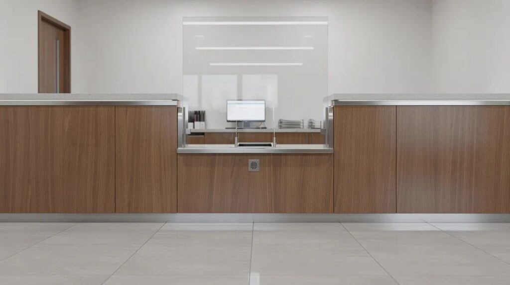 The image depicts a modern bank teller counter featuring a sleek wood veneer finish and a secure transaction window, designed to enhance customer service while incorporating bullet resistant fiberglass panels for added safety and protection in high-risk areas. The counter's aesthetic appeal complements its functional design, ensuring a secure environment for both tellers and clients.