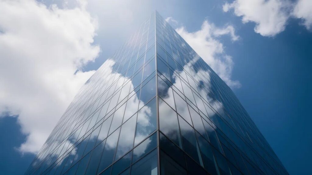 The image depicts a modern commercial office tower featuring a sleek glass curtain wall that reflects the clouds and sky, showcasing the building's elegant design and energy efficiency. The use of high-performance glazing systems enhances natural light and visual comfort for the occupants within.