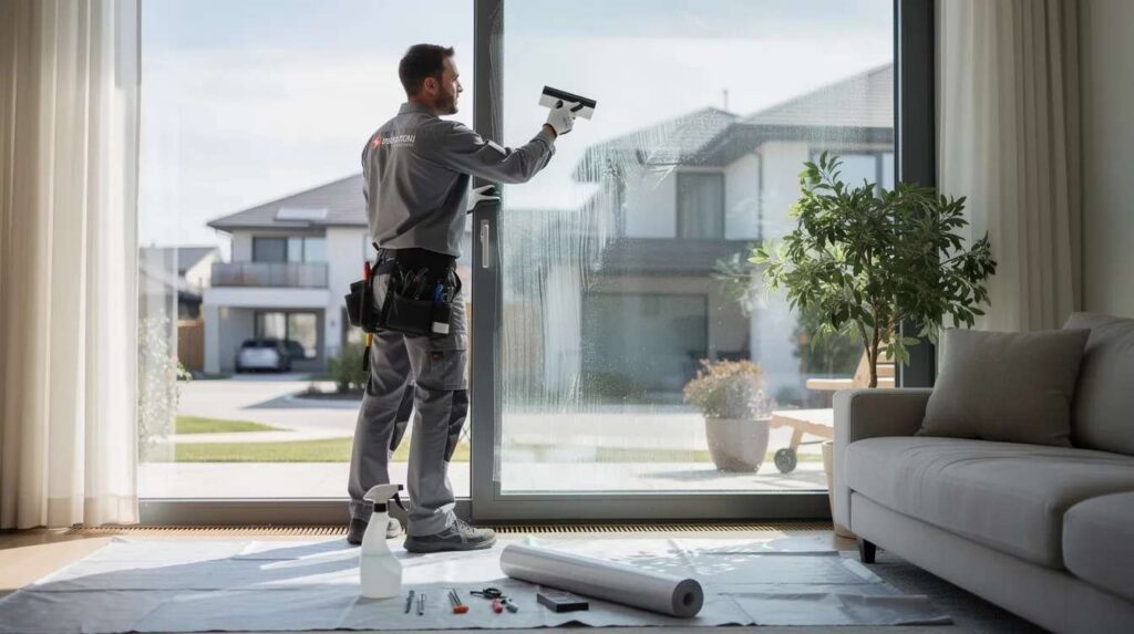 A professional installer is applying high-quality window film to a large residential window, enhancing energy efficiency by reflecting the sun's heat while maintaining clear visibility and natural light. This installation aims to reduce glare and protect the interior from harmful ultraviolet rays, contributing to indoor comfort and lower cooling costs during the summer months.