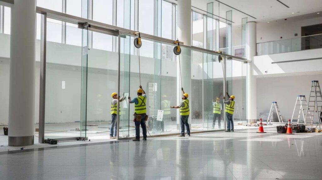 The image shows workers carefully installing large laminated glass panels in the lobby of a commercial building, likely aimed at enhancing safety and security with bullet resistant glass. The installation process highlights the importance of using high-quality materials to provide maximum protection against potential threats.
